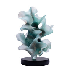 Abstract flowing sculpture, teal and gold, on a dark pedestal