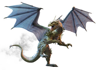 Powerful fantasy dragon with massive wings, sharp claws. Majestic green-scaled dragon exhaling smoke and roaring in battle stance. Mythical creature fantasy 3D art, RPG video game design, book cover