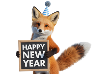 A cute fox wearing a party hat and holding a sign that says happy new year