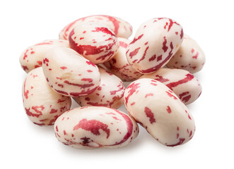 Pile of pinto spotted beans and on white background. File contains clipping paths.