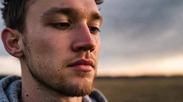Contemplative Portrait: A close-up view of a thoughtful individual against a serene, clouded sky, depicting a moment of introspection and reflection.