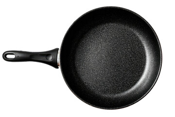 Overhead shot Black non-stick frying pan, plastic handle, dark background