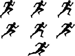 Running man silhouette sequence showing sprint motion phases, black vector illustration for sports, fitness, animation, biomechanics, and athletic design themes.