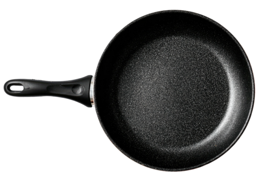 Overhead shot Black non-stick frying pan, plastic handle, dark background