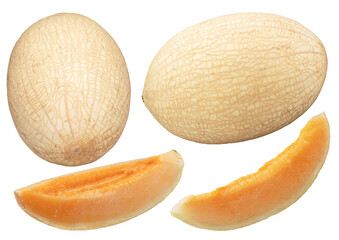 Melons and melon slices isolated on white background. File contains clipping paths.