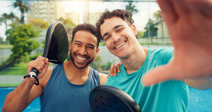 Fitness, portrait or men in tennis court with selfie, friends or digital memories of padel game. Happy, POV or athlete outdoor with bat, training support or moment capture for social media post.