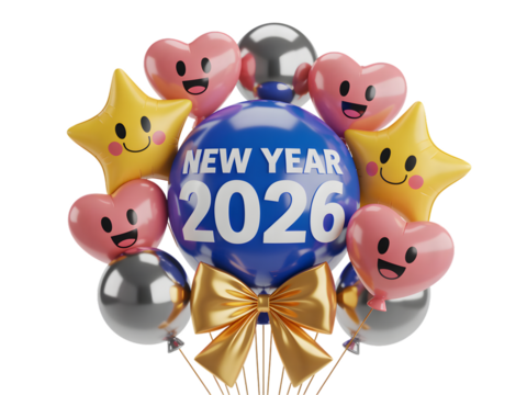 Happy new year 2026 celebration balloons with cute faces