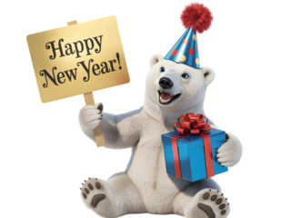 Cute polar bear wearing a party hat, holding a happy new year sign and a gift