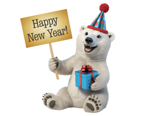 Happy new year polar bear holding a gift and sign
