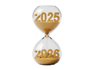 Hourglass with 2025 and 2026 numbers