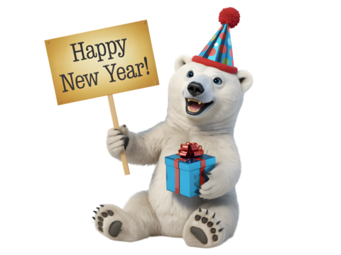 Happy new year polar bear holding a gift and sign