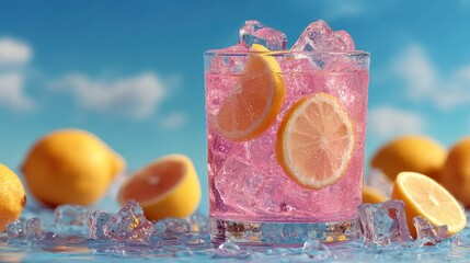 Refreshing pink lemonade in glass with ice and lemon slices sits against bright blue background, invigorating summertime cool beverage