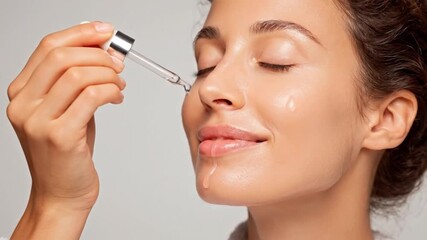 A serene close-up shot captures a young adult woman with closed eyes, delicately applying a clear cosmetic serum or natural oil to her bare skin using a glass dropper. A glistening drop of product han - Powered by Adobe