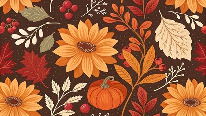 Autumn floral pattern with sunflowers pumpkins and berries seamless design