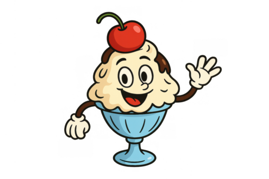 Ice cream sundae cartoon character waving hello, celebrating happy dessert, sweet food mascot with cherry on top