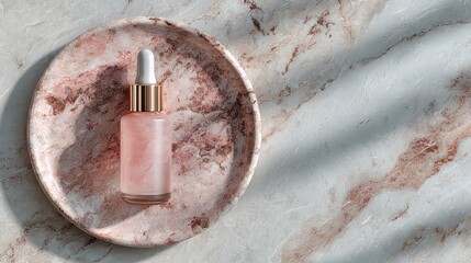 Pink tinted serum bottle sits elegantly on a pink and white marble dish, placed on a white marble countertop with soft, diffused natural sunlight