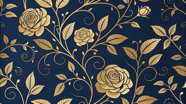 Elegant gold roses and leaves on a deep navy blue background seamless pattern