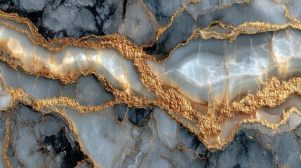 Grey and white stone texture displays luxurious golden veins, creating an abstract, visually appealing pattern ideal for design and artistic projects