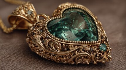 Obraz premium Ornate gold heart pendant featuring a green gemstone resting on a stone surface
