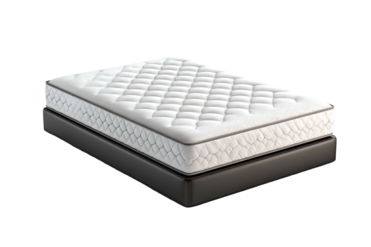 Quilted white mattress atop a dark base against a black background