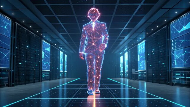 Digital hologram businessperson walking in data center server room network neon walk digital communication social media public relations pr futuristic holographic business professional strategy