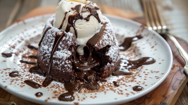 Chocolate brownie with vanilla ice cream and chocolate syrup on a white plate with fork and knife on wooden table.