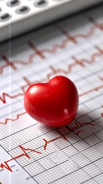 Heartbeat monitoring with a red heart shaped object on an electrocardiogram chart showcasing health metrics in a medical setting