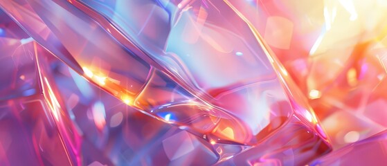 Vibrant abstract background with transparent glass shapes illuminated by holographic light in pink, blue, and yellow tones. Perfect for modern design, technology, fashion, or luxury branding visuals