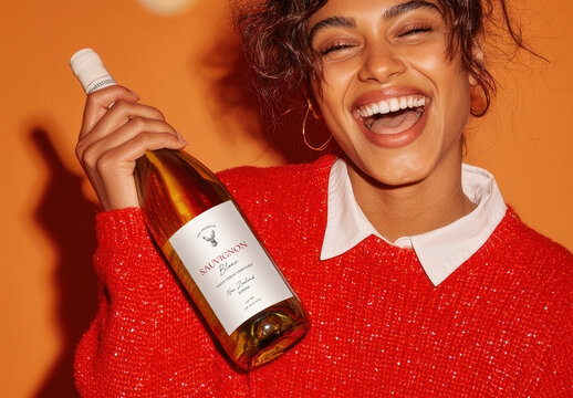 Joyful Woman Holding Win bottle Mockup PSD