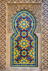 Colorful Moroccan-style mosaic from the Hassan II Mosque in Casablanca. Part of traditional Moroccan architecture.