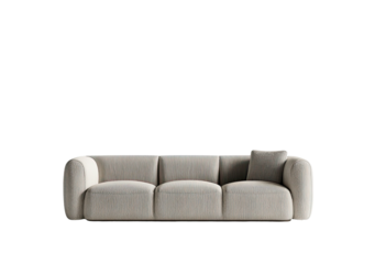 Beige, plush three-seater couch with a single pillow