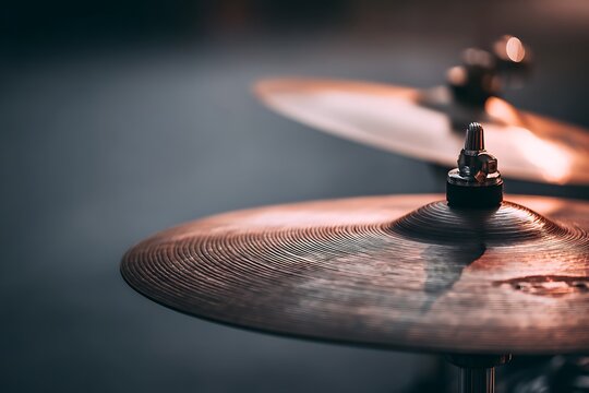 Close up of vintage cymbals on drum kit