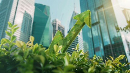 Green arrow symbolizing growth among lush plants in an urban setting with skyscrapers in the background. Represents sustainable development and economic progress.