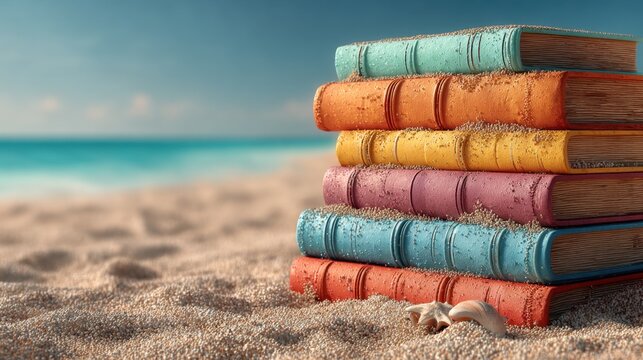 Stack of vibrant books resting on a sandy beach near the Ocean, perfect for summer reading or relaxation, a colorful collection by the Sea - Powered by Adobe