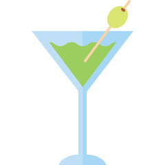 Light Blue Martini Glass with Green Liquid and Olive Garnish on a Transparent Background