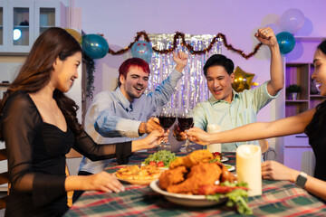 Drinks and conversation, social gathering and get together. Young people, eating pizza and happiness, celebration at home.