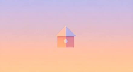 Serene illustration of a minimalist geometric home icon against a beautiful dawn or dusk gradient sky, symbolizing tranquility and simplicity