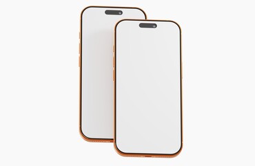 Two gold smartphones on white background. Displaying a blank white screen, ideal for mockup, branding or tech c