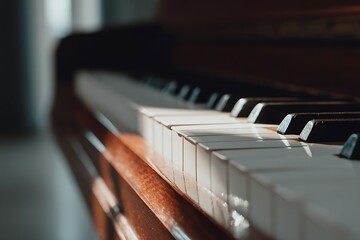 Piano keys basking in warm sunlight creating music atmosphere