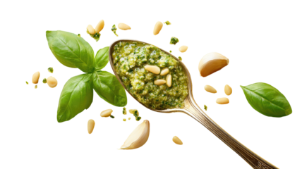 Spoon of pesto with basil, garlic, & pine nuts on black