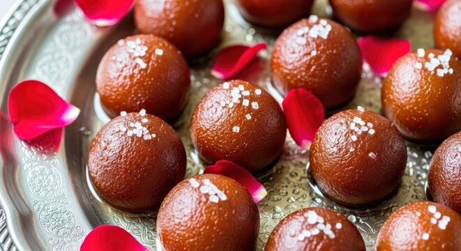 Delicious Indian Sweets Gulab Jamun Garnished With Rose Petals and Silver Varak on Platter