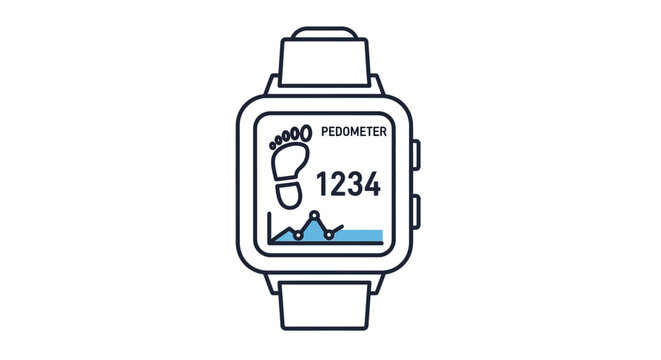 A digital smartwatch displays pedometer data with a footprint icon and a graph.