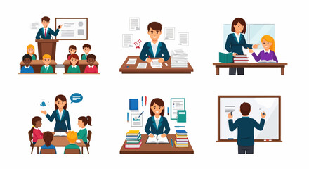 Six vignettes depicting educators teaching grading and studying in various classroom and office settings