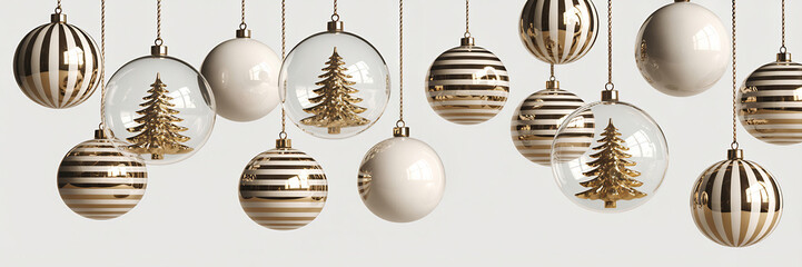 White and gold Christmas ornaments hanging against white   background.