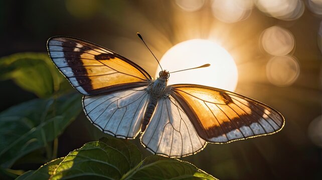 Delicate butterfly with intricate wing patterns basks in warm golden sunset light, showcasing nature's stunning ephemeral beauty and tranquil grace against a soft bokeh background