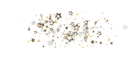 Elegant abstract background of gold and silver stars and snowflakes on a white backdrop, perfect for seasonal designs and holiday greetings.