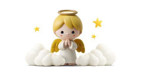 Adorable cartoon angel with golden halo and wings standing on soft white clouds, surrounded by glowing stars, sweet religious and Christmas character for kids designs, vector illustration