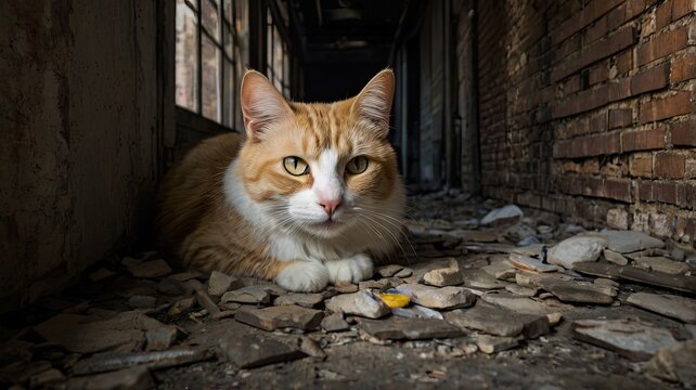 Stunning orange and white cat with captivating green eyes rests calmly amidst weathered bricks and debris, conveying resilience and quiet beauty in an abandoned urban setting.