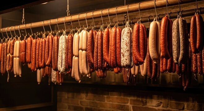 Freshly Smoked Sausages Hanging in Butcher Shop with Rustic Charm and Flavorful Variety