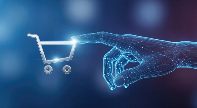 Digital Hand Touching Shopping Cart Symbol: E-commerce Interaction for Online Shopping
